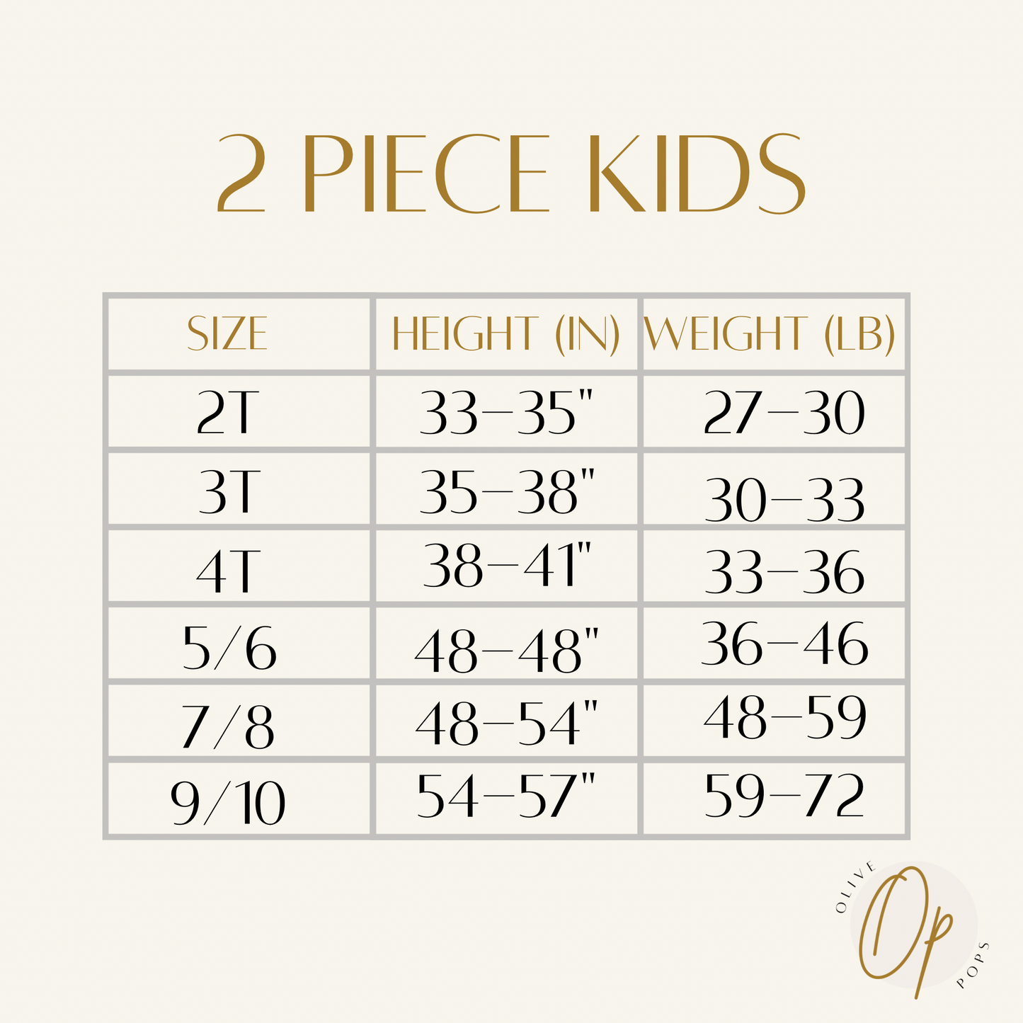 Size chart for 2-piece sets pajamas bamboo