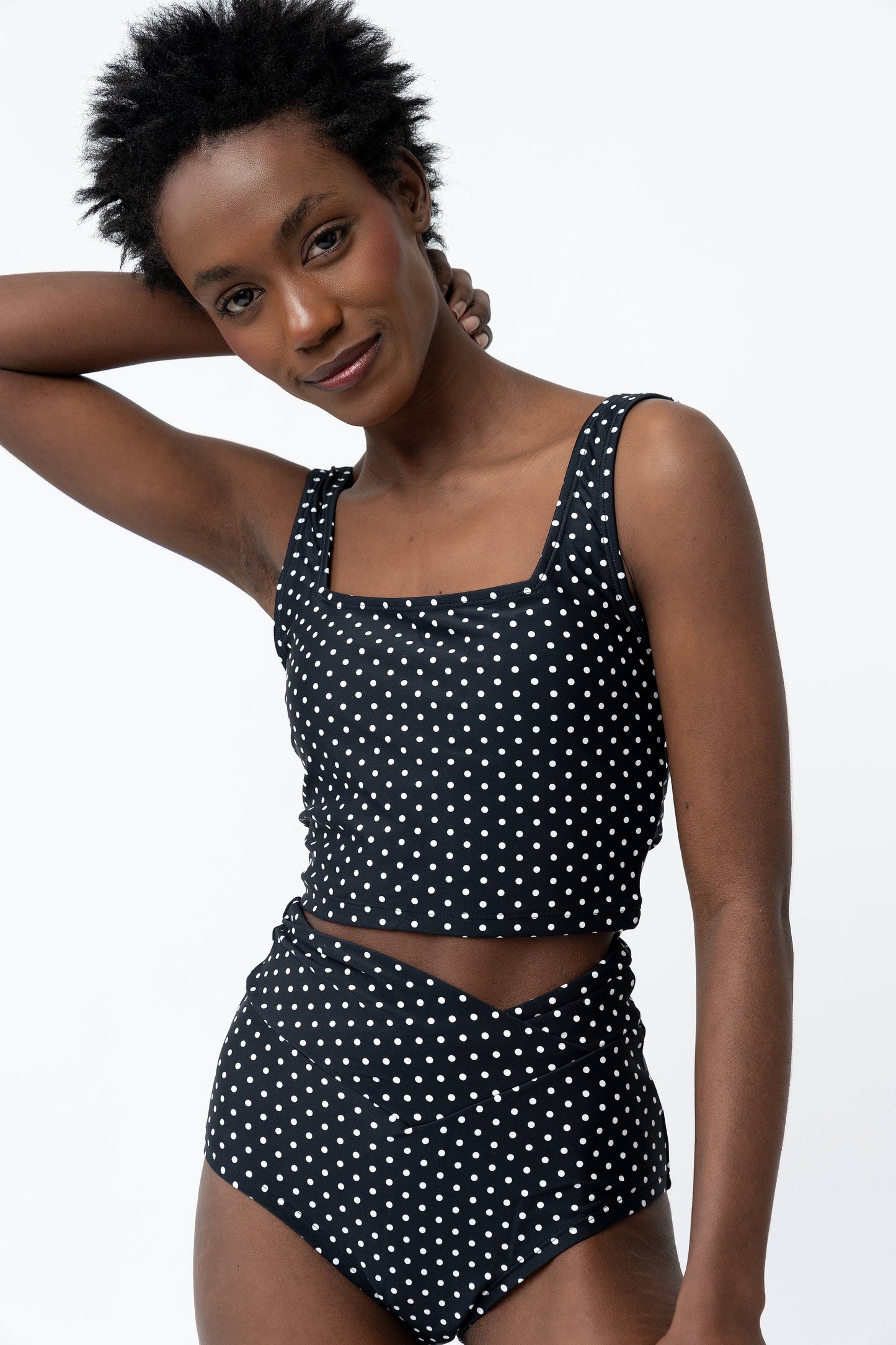 Coral Reef Swim - Black & White Polka Dot Square Neck Swim Top: Large