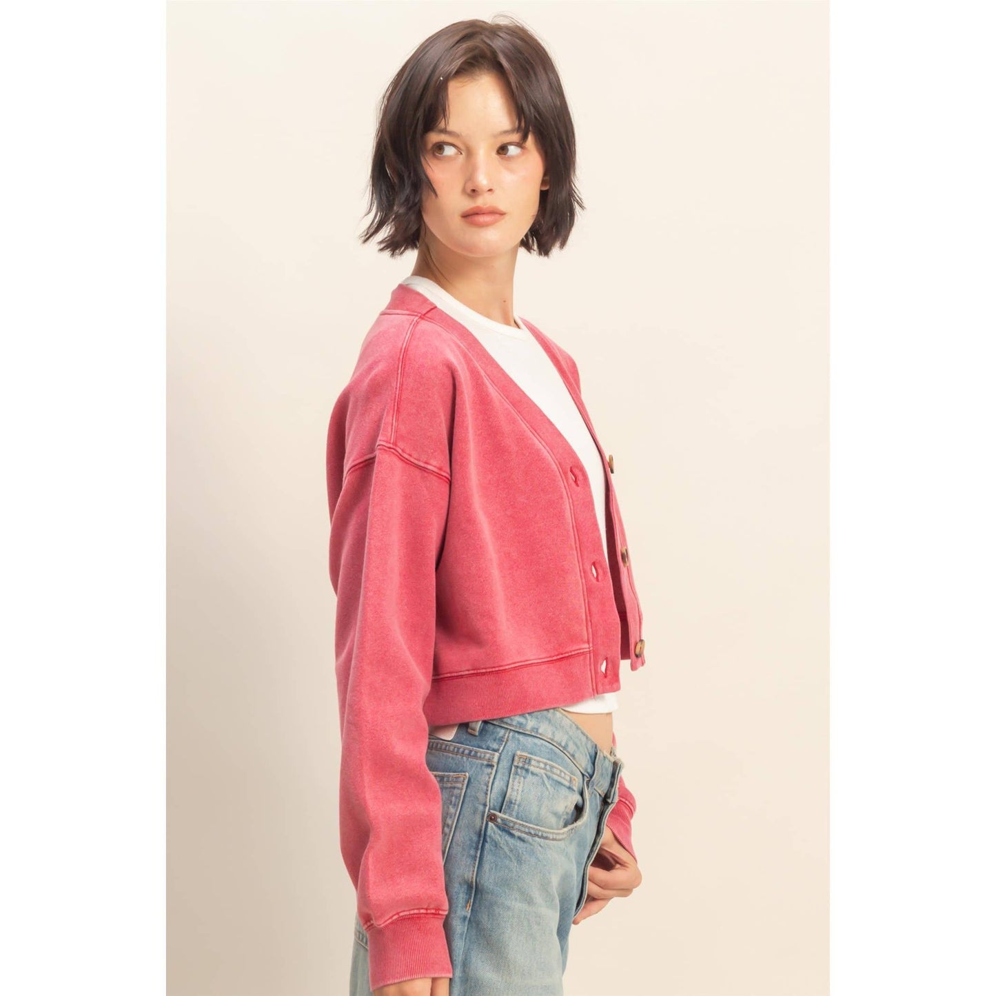 HYFVE - Washed French Terry Cropped Cardigan: DARK GREEN / S-M-L(2-2-2)