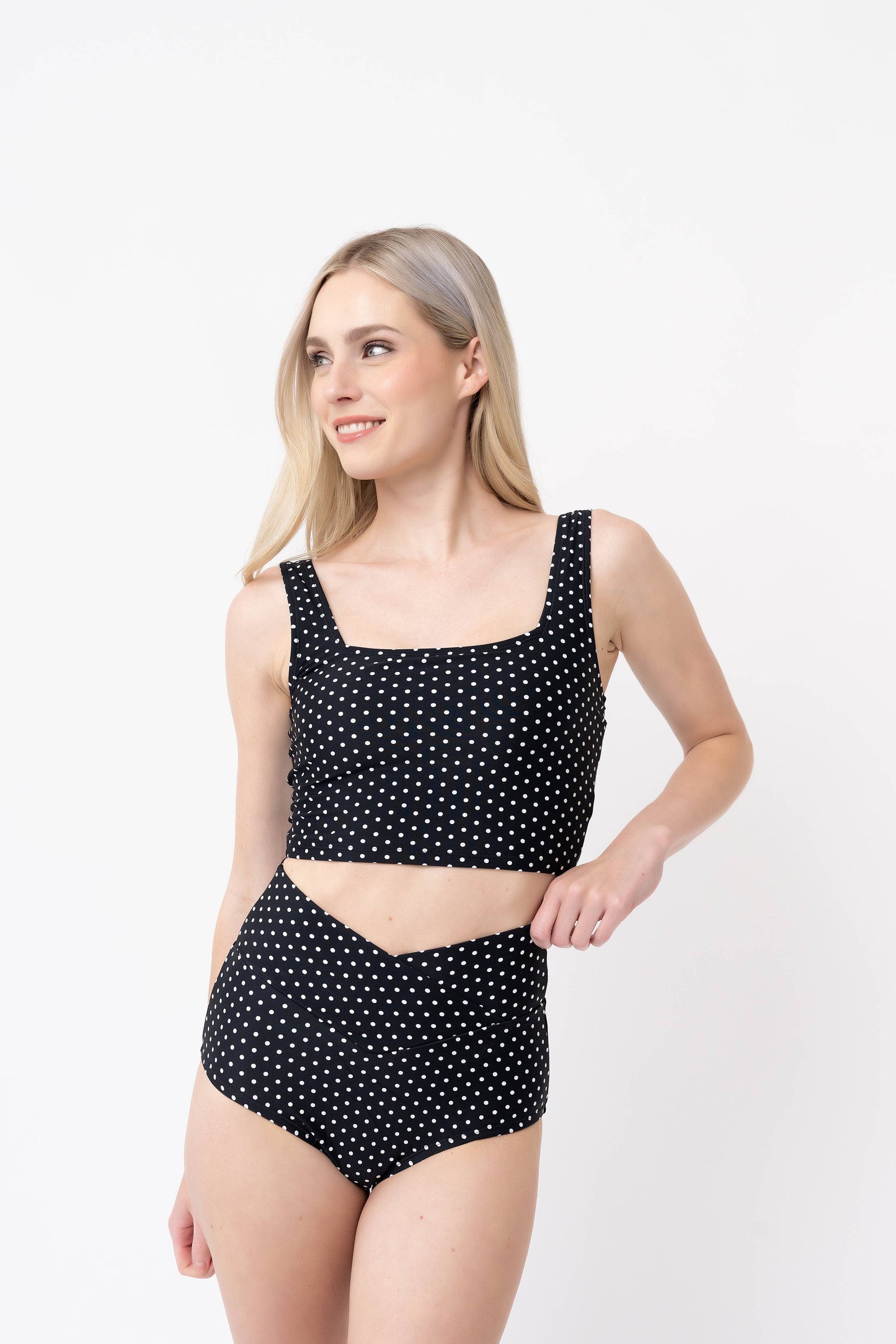 Coral Reef Swim - Black & White Polka Dot Square Neck Swim Top: Large