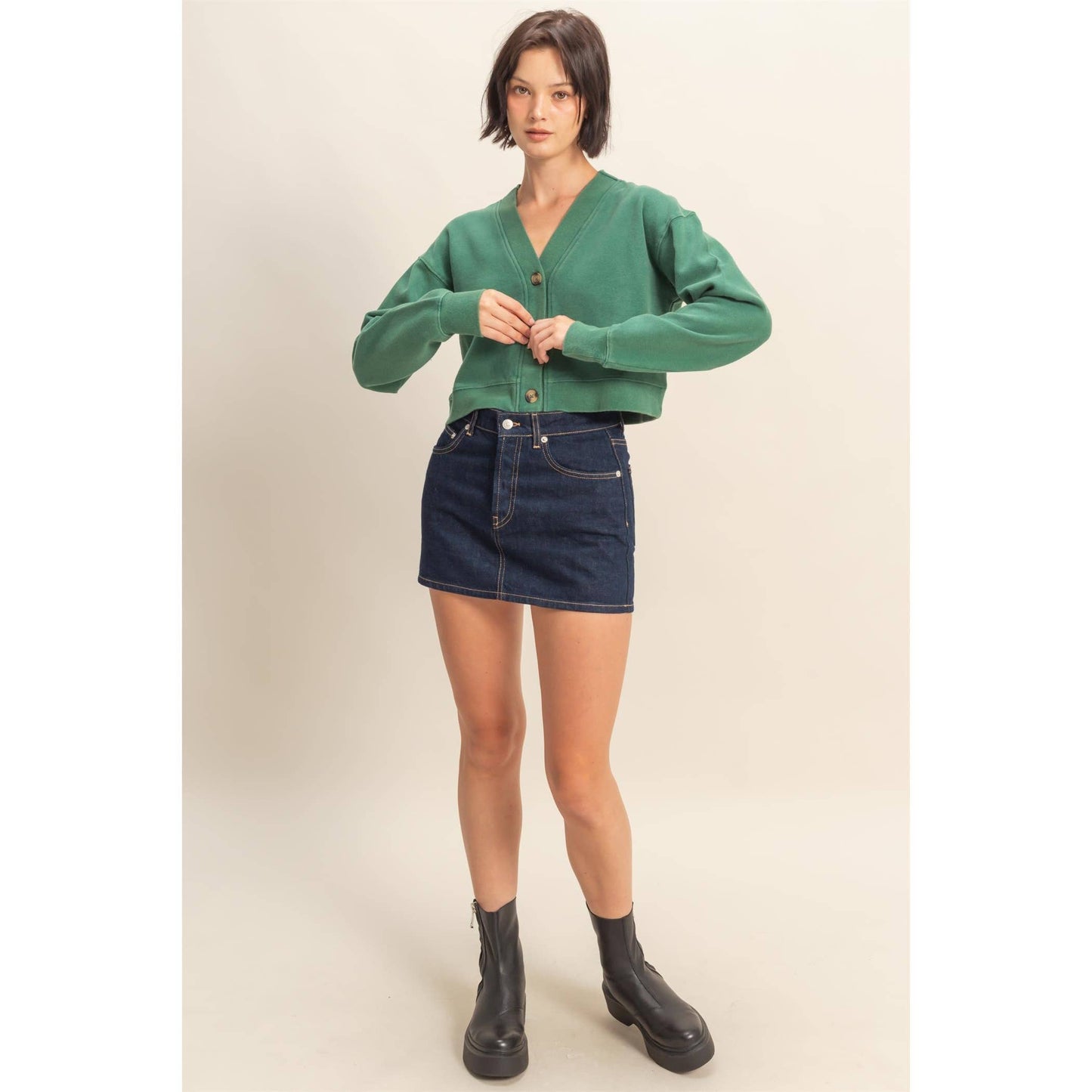 HYFVE - Washed French Terry Cropped Cardigan: DARK GREEN / S-M-L(2-2-2)