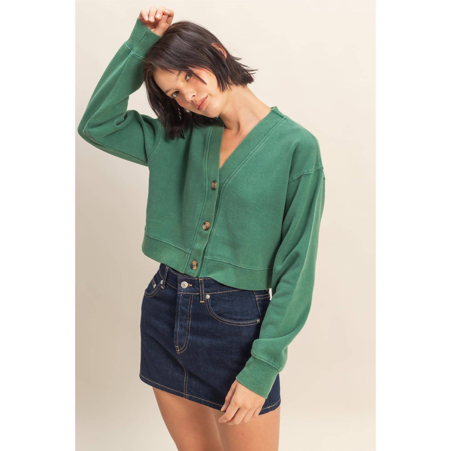 HYFVE - Washed French Terry Cropped Cardigan: DARK GREEN / S-M-L(2-2-2)