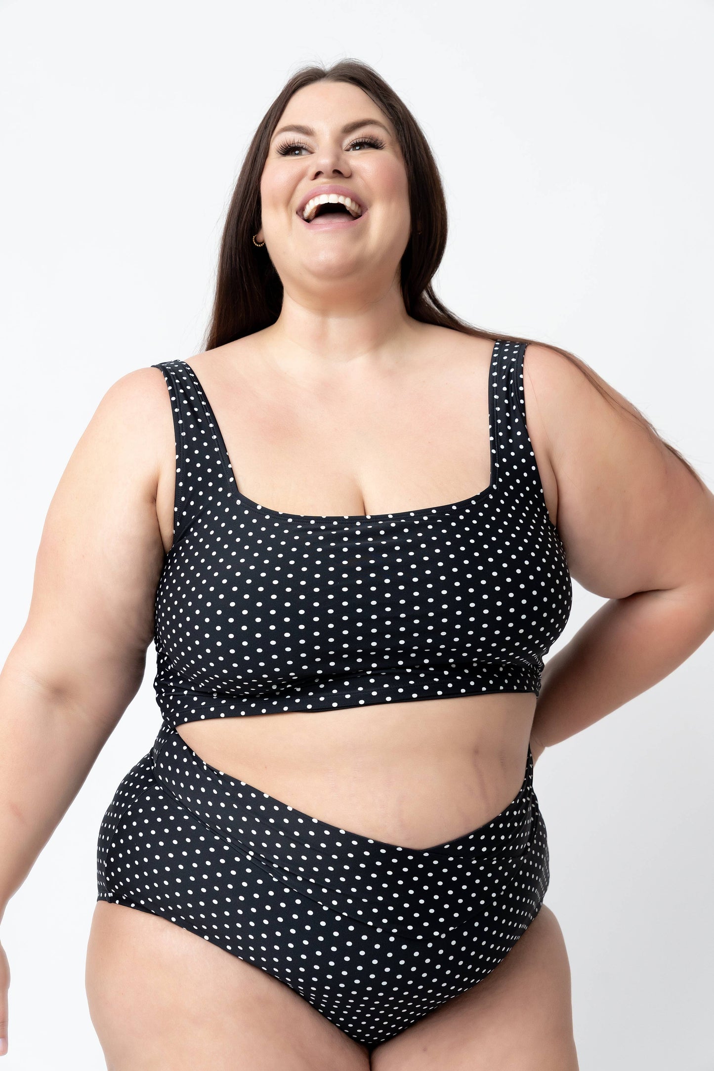 Coral Reef Swim - Black & White Polka Dot Square Neck Swim Top: Large