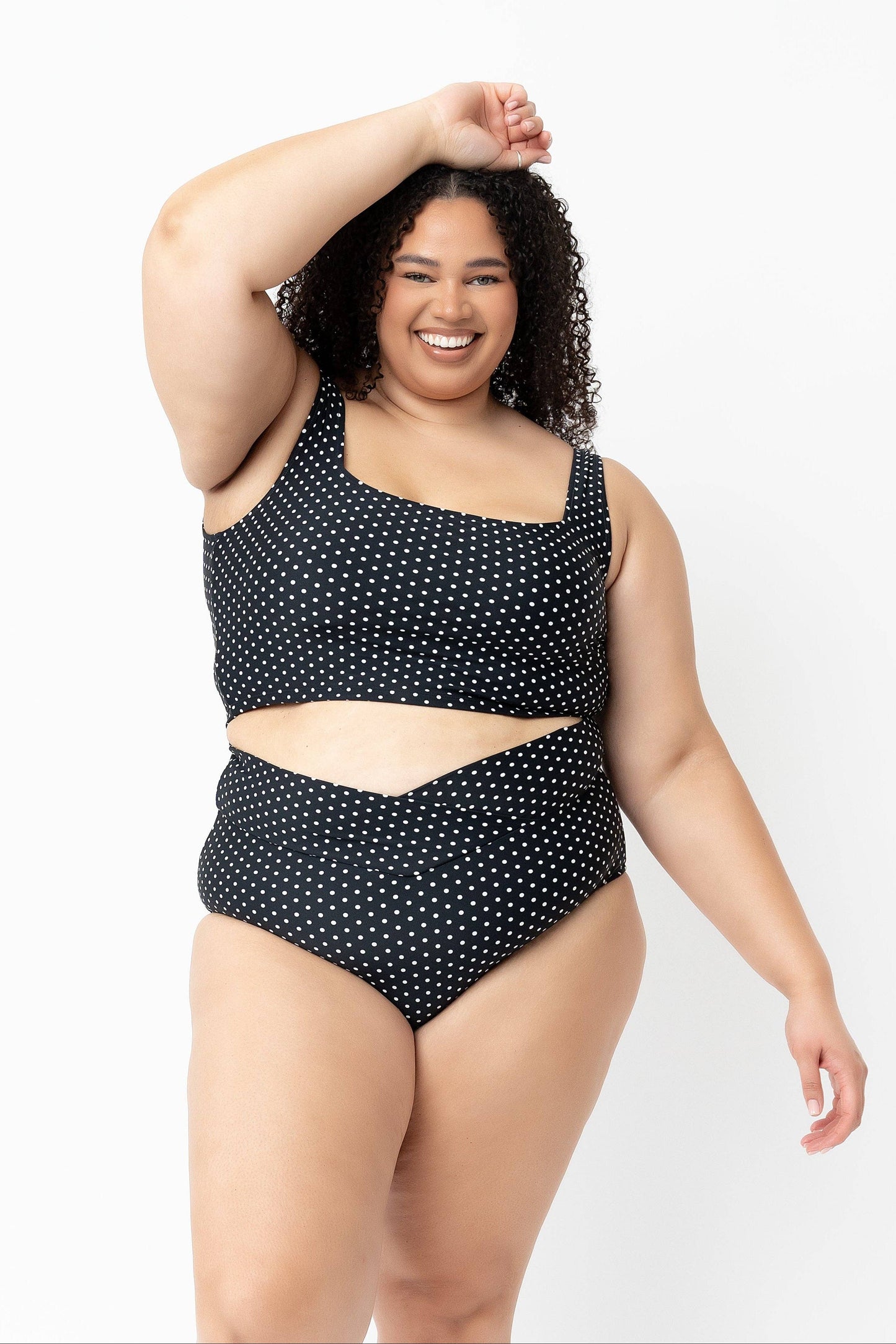 Coral Reef Swim - Black & White Polka Dot Square Neck Swim Top: Large