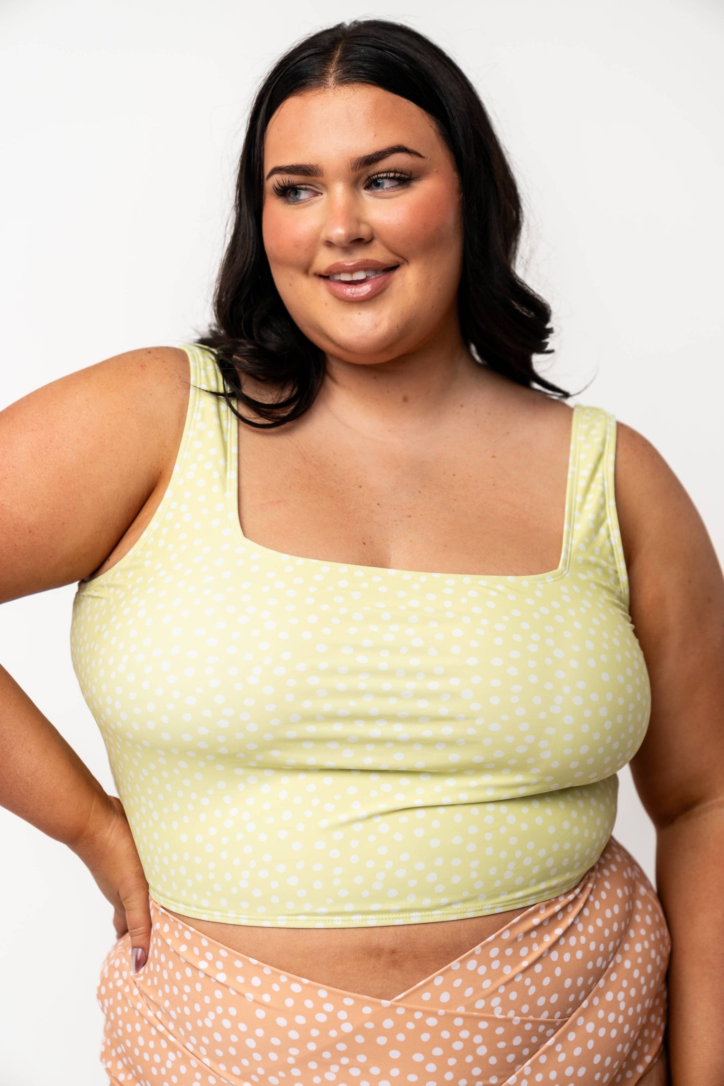 Coral Reef Swim - Green Polka Dot Square Neck Swim Top: Large