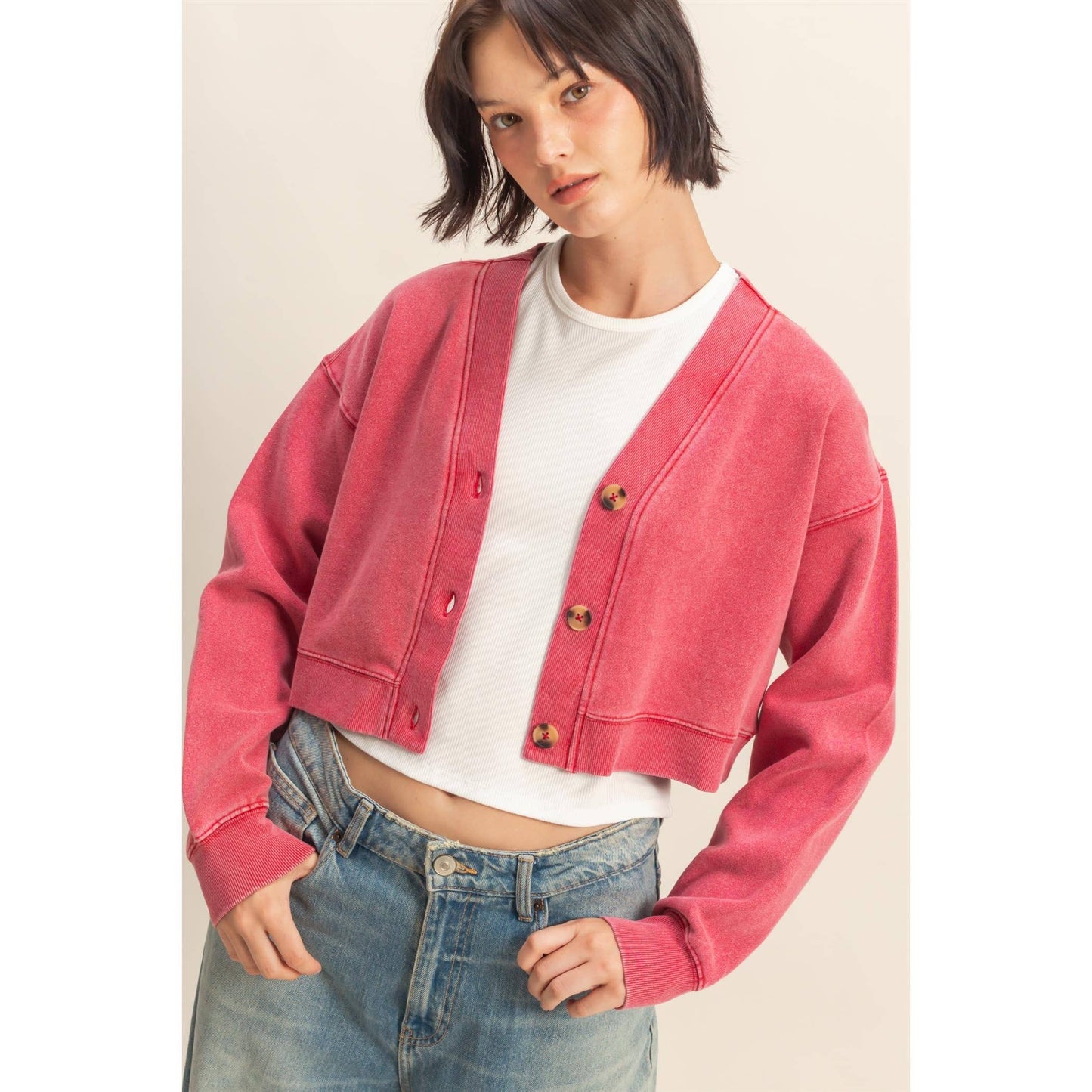 HYFVE - Washed French Terry Cropped Cardigan: DARK GREEN / S-M-L(2-2-2)