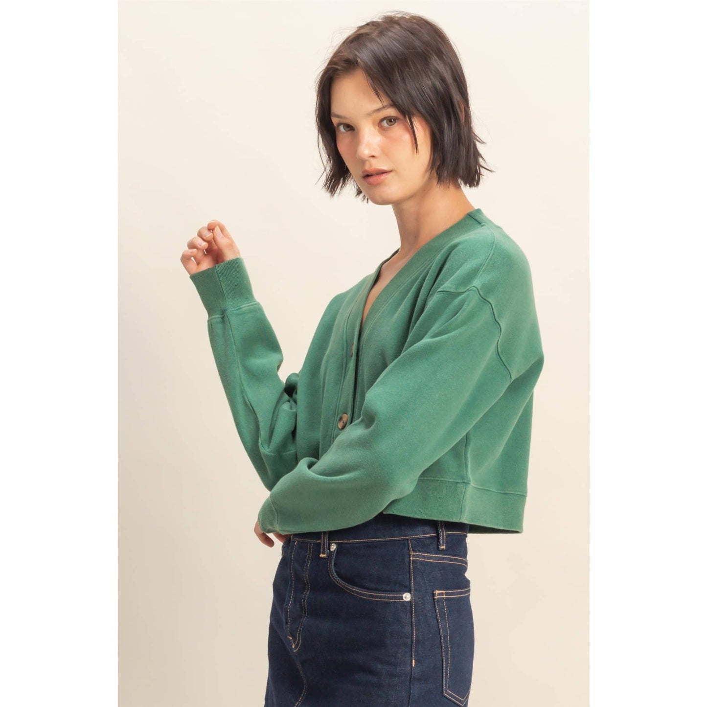 HYFVE - Washed French Terry Cropped Cardigan: DARK GREEN / S-M-L(2-2-2)