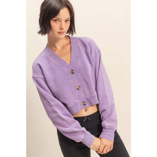 HYFVE - Washed French Terry Cropped Cardigan: DARK GREEN / S-M-L(2-2-2)