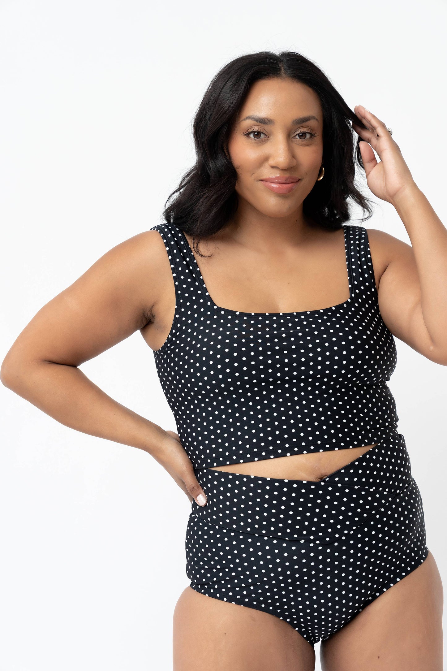 Coral Reef Swim - Black & White Polka Dot Square Neck Swim Top: Large