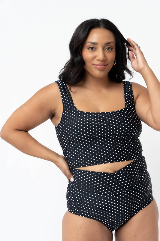 Coral Reef Swim - Black & White Polka Dot Square Neck Swim Top: Large