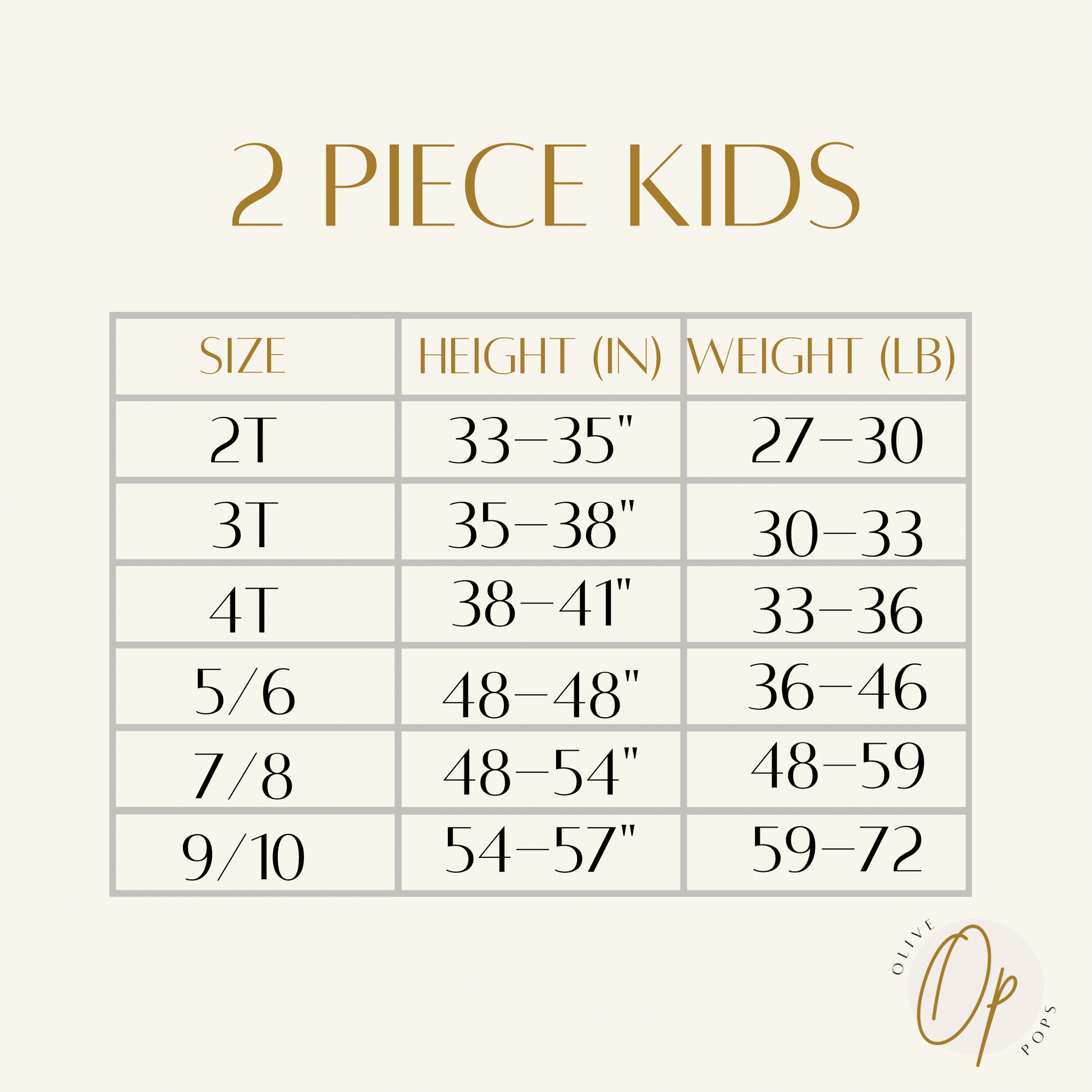 Size chart for 2-piece sets pajamas bamboo