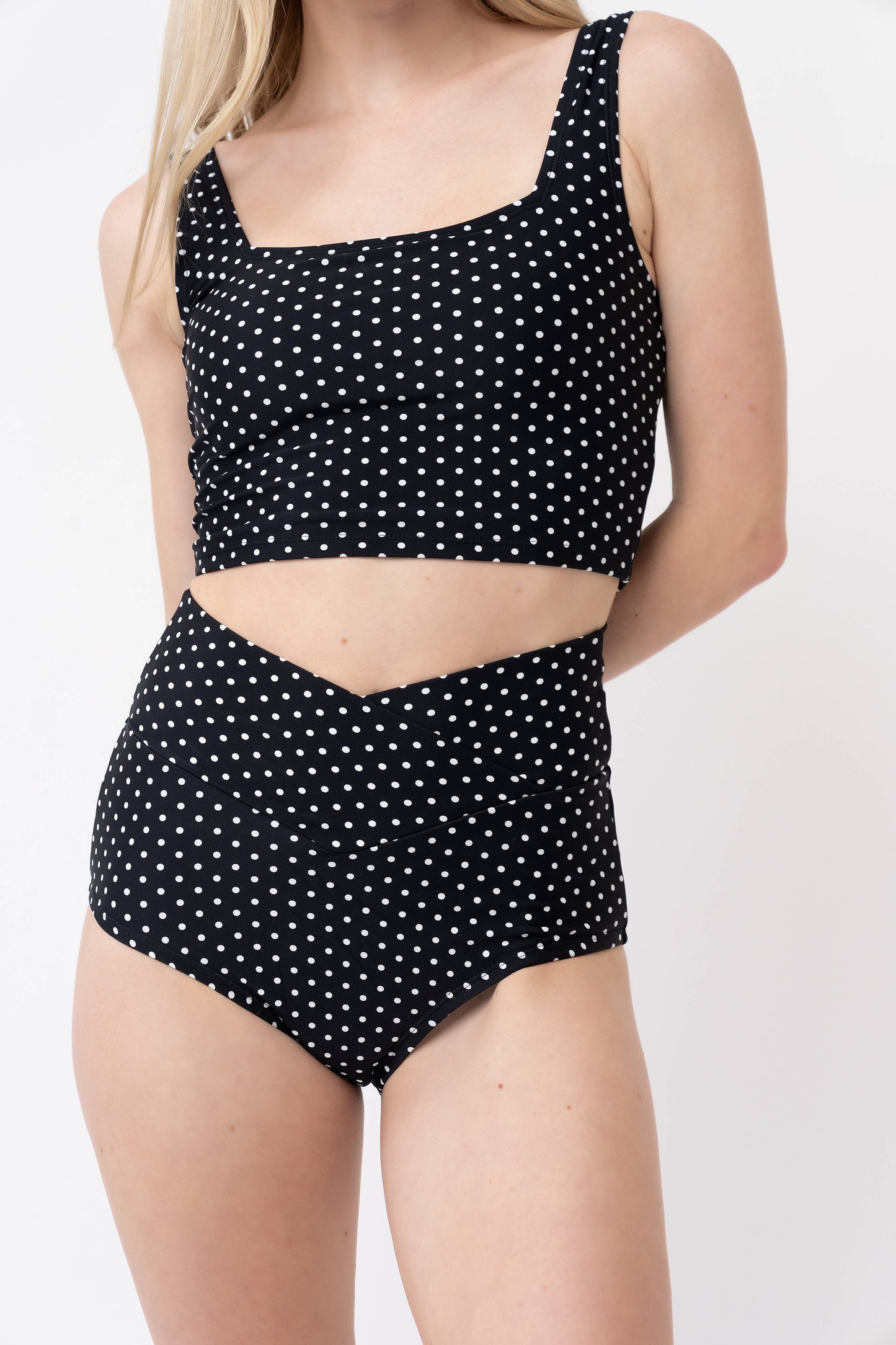 Coral Reef Swim - Black & White Polka Dot Ultra High V-Cut Swim Bottom: Medium
