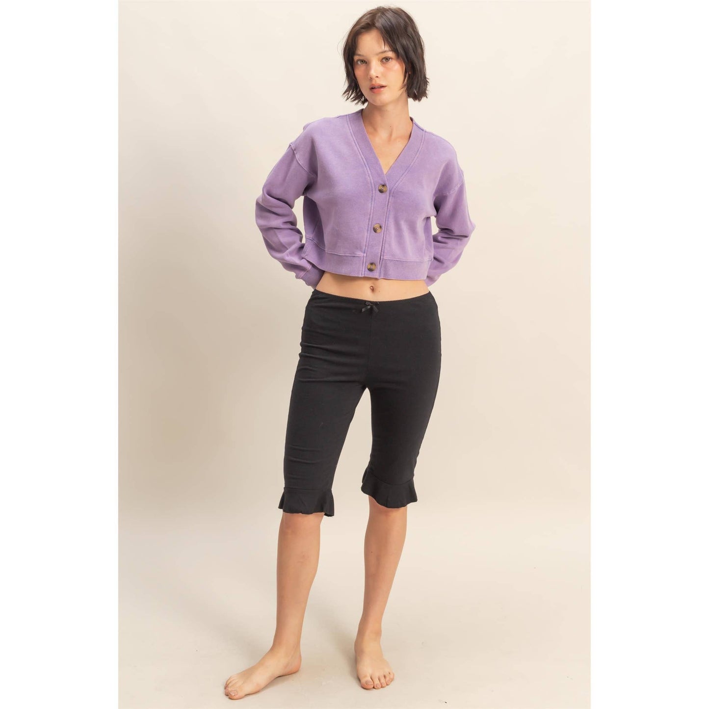 HYFVE - Washed French Terry Cropped Cardigan: DARK GREEN / S-M-L(2-2-2)