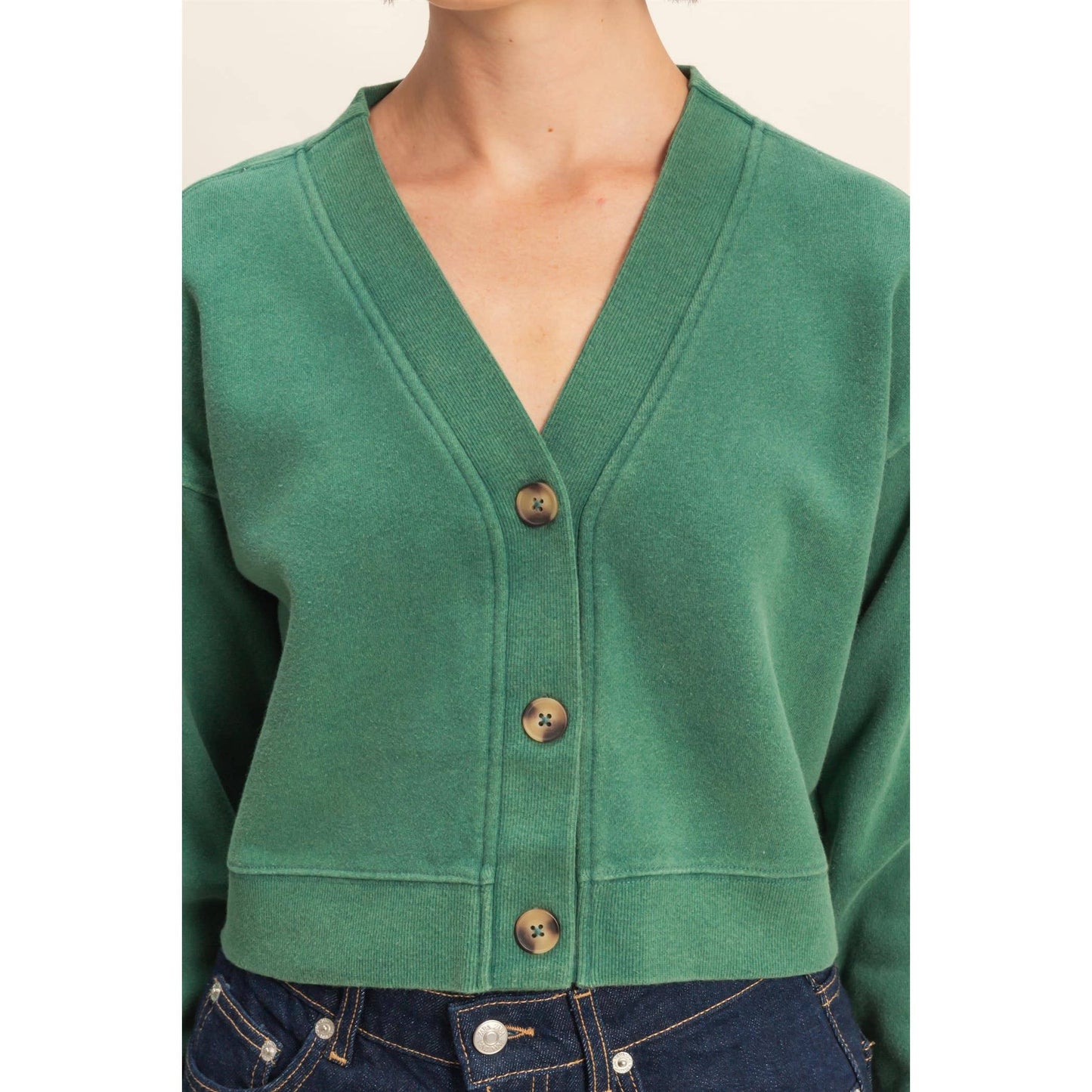 HYFVE - Washed French Terry Cropped Cardigan: DARK GREEN / S-M-L(2-2-2)