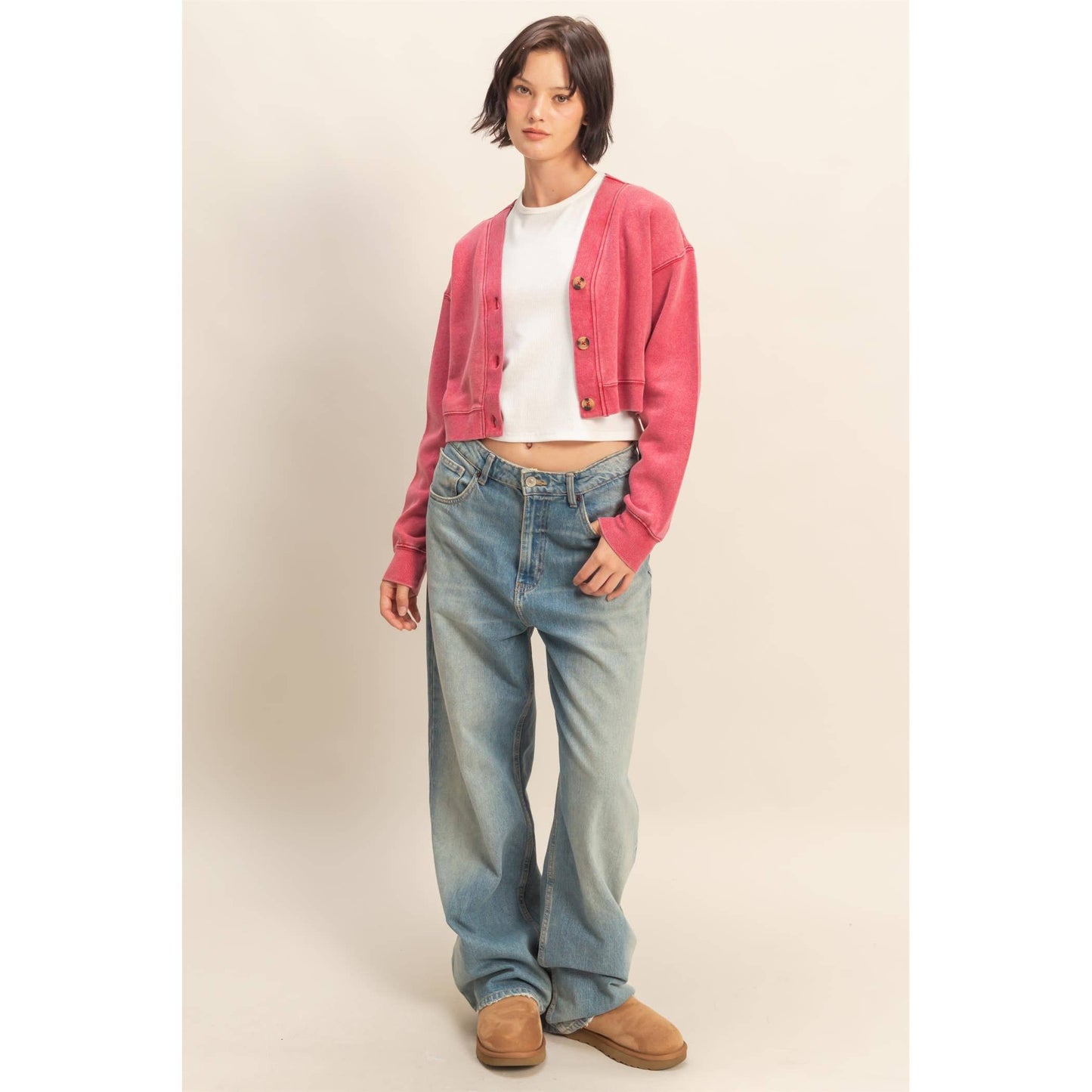 HYFVE - Washed French Terry Cropped Cardigan: DARK GREEN / S-M-L(2-2-2)